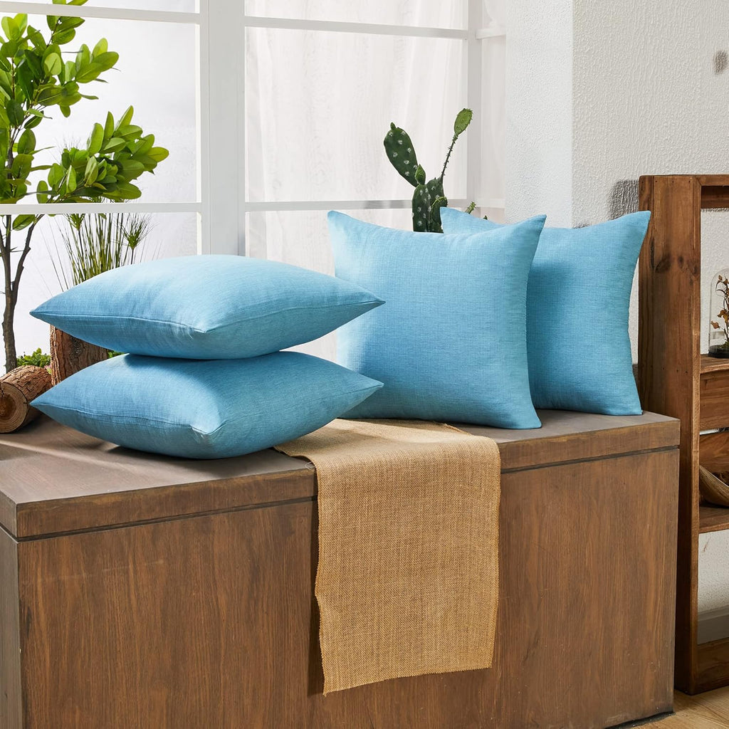 Deconovo Pillow Covers Faux Linen Pillow Shams Soft Cushion Covers Pillowcases for Patio 18x18 Inch Lake Blue Set of 4 Case Only No Insert