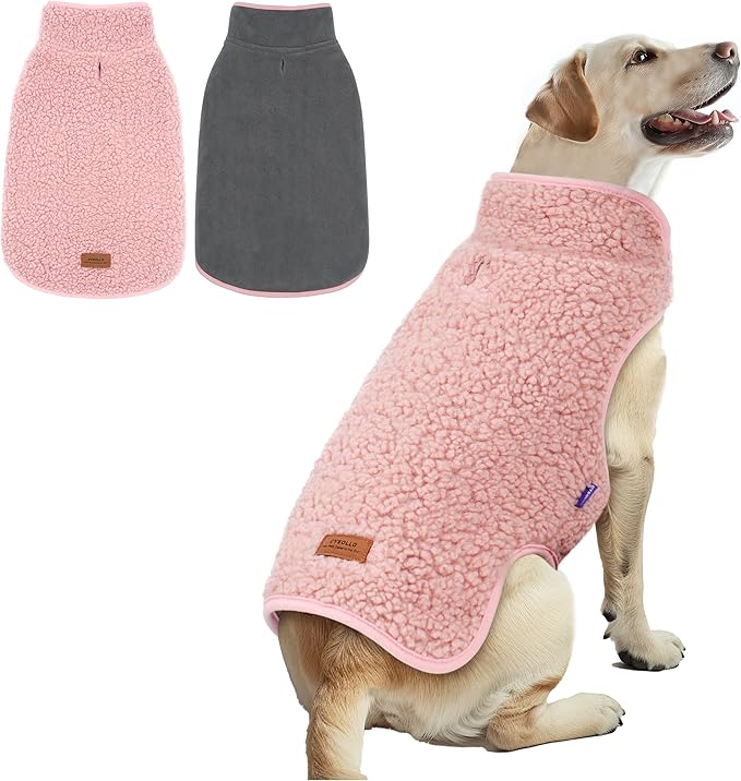 cyeollo Warm Dog Coat Fleece Winter Sweater Coats, Sherpa Reversible Dog Jacket Vest with Leash Hole for Large Dogs, Soft Pet Coats for Cold Weather, Pink, XXXL