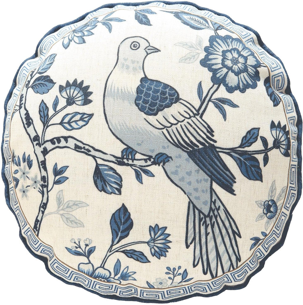 Chinoiserie Throw Pillow Covers,Classic Blue and White with Birds Pattern Linen Pillowcases,Decorative Round Cushion Covers for Couch Bed Car,Diameter 16"