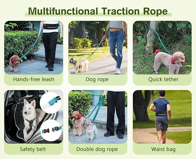 Pecute Hands Free Dog Leash with Pouch, Waist Belt Fanny Pack with Soft Padds, Dual Padded Handles and Durable Bungee for Walking, Hiking, Jogging Biking, and Running