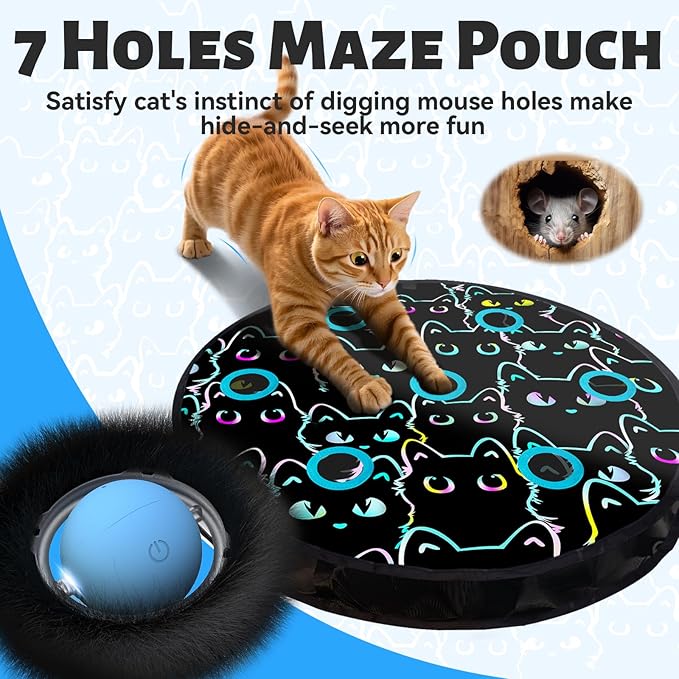 ORSDA Cat Toys, Interactive Fast Rolling Ball in Pouch, Hide and Seek for Indoor Cats, Motion Chirping Activated Moving Ball, 7 Holes Mat Mouse Catching Game