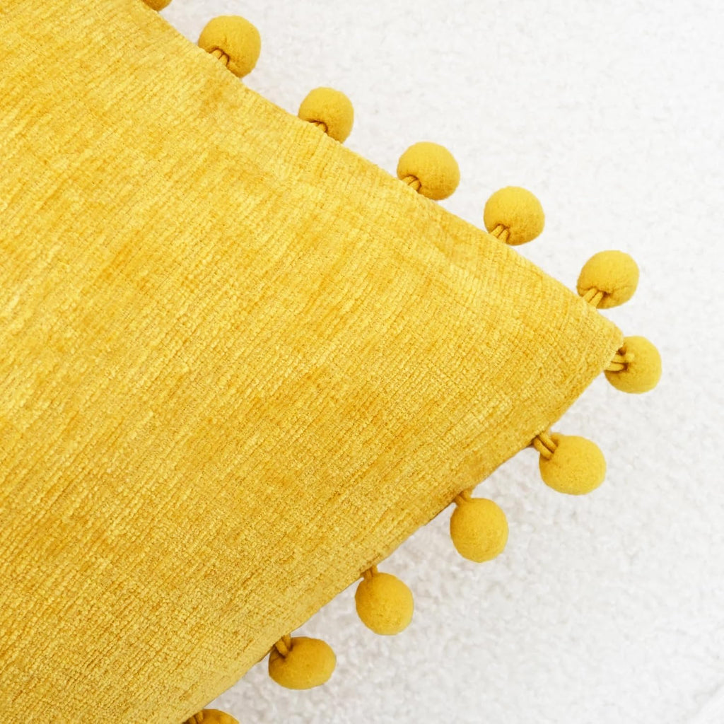 CaliTime Throw Pillow Covers Decorative 20 X 20 Inches Pack of 2 Cozy Solid Dyed Soft Chenille Cushion Cases with Pom Poms for Couch Sofa Bed Living Room Home Mustard Yellow