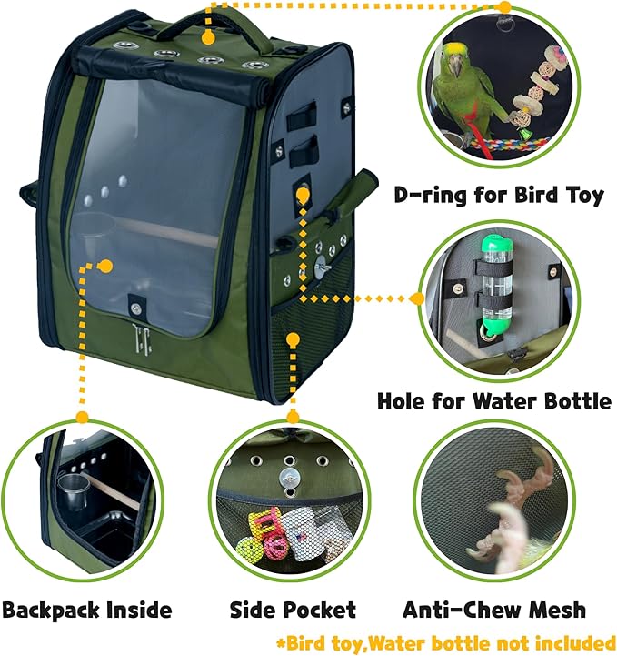 Birds Day Bird Carrier Backpack-Parrot Travel Cage with 2PCS Perch and Food Bowl, Stainless Steel Tray (Dark Olive Green)