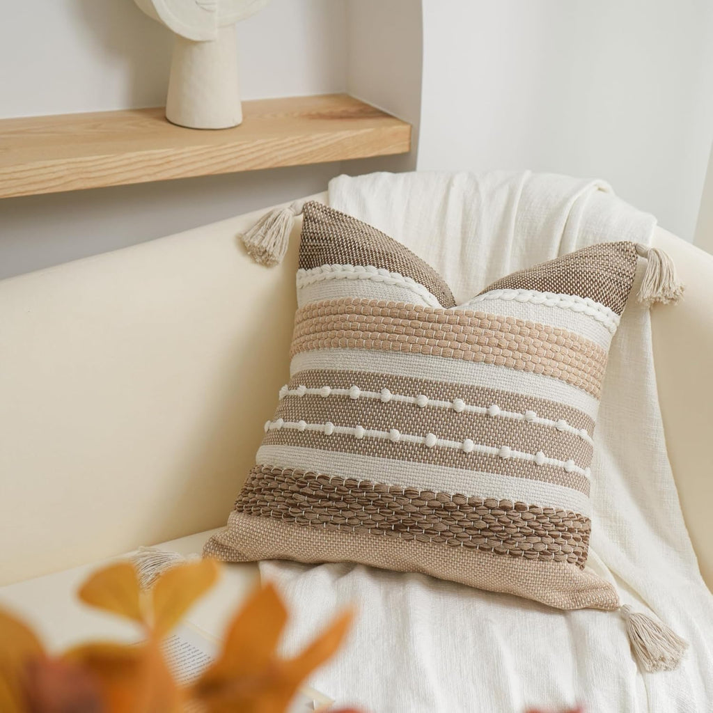 BlissBlush Brown Decorative Throw Pillow Cover 20x20 Square Boho Accent Pillowcase Tassels Farmhouse Cushion for Couch Sofa Bedroom Livingroom Home Décor Cover ONLY (Pack of 1)