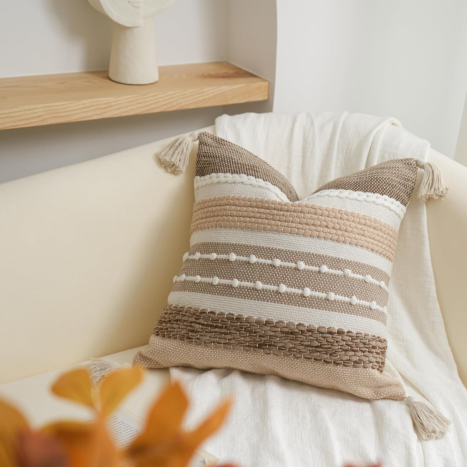 BlissBlush Brown Decorative Throw Pillow Cover 18x18 Square Boho Accent Pillowcase Tassels Farmhouse Cushion for Couch Sofa Bedroom Livingroom Home Décor Cover ONLY (Pack of 1)