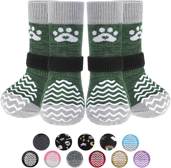 PUPTECK Anti Slip Dog Socks 2 Pairs with Double Grippers for Hardwood Floors, Shoes for Hot/Cold Pavement, Boots & Paws Protectors to Prevent Licking, Traction Booties for Senior Small Large Dogs
