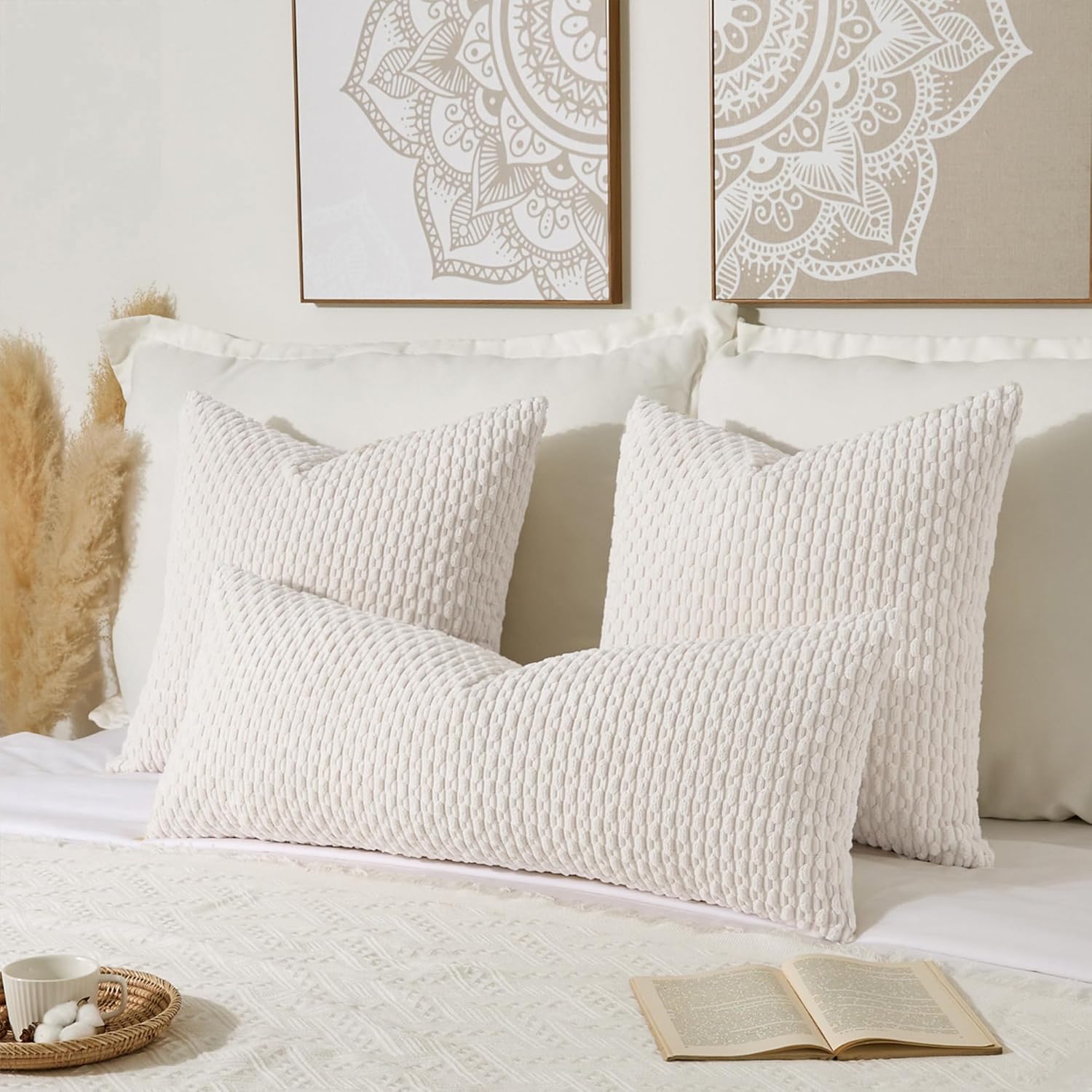 Kevin Textile 14x24 Inch Pillow Cover 1 Pack Boho Christmas Decorative Soft Striped Corduroy Lumbar Farmhouse Color Accent Rectangle Cushion Case for Living Room Couch Sofa Bed, Pure White