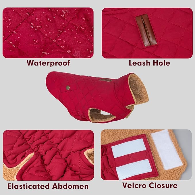 azuza Dog Jacket for Large Dogs Waterproof & Windproof Dog Coat for Small Dogs with Thick Fleece, High Collar with Leash Hole, Adjustable Velcro & Elastic Belly, Red 3XL