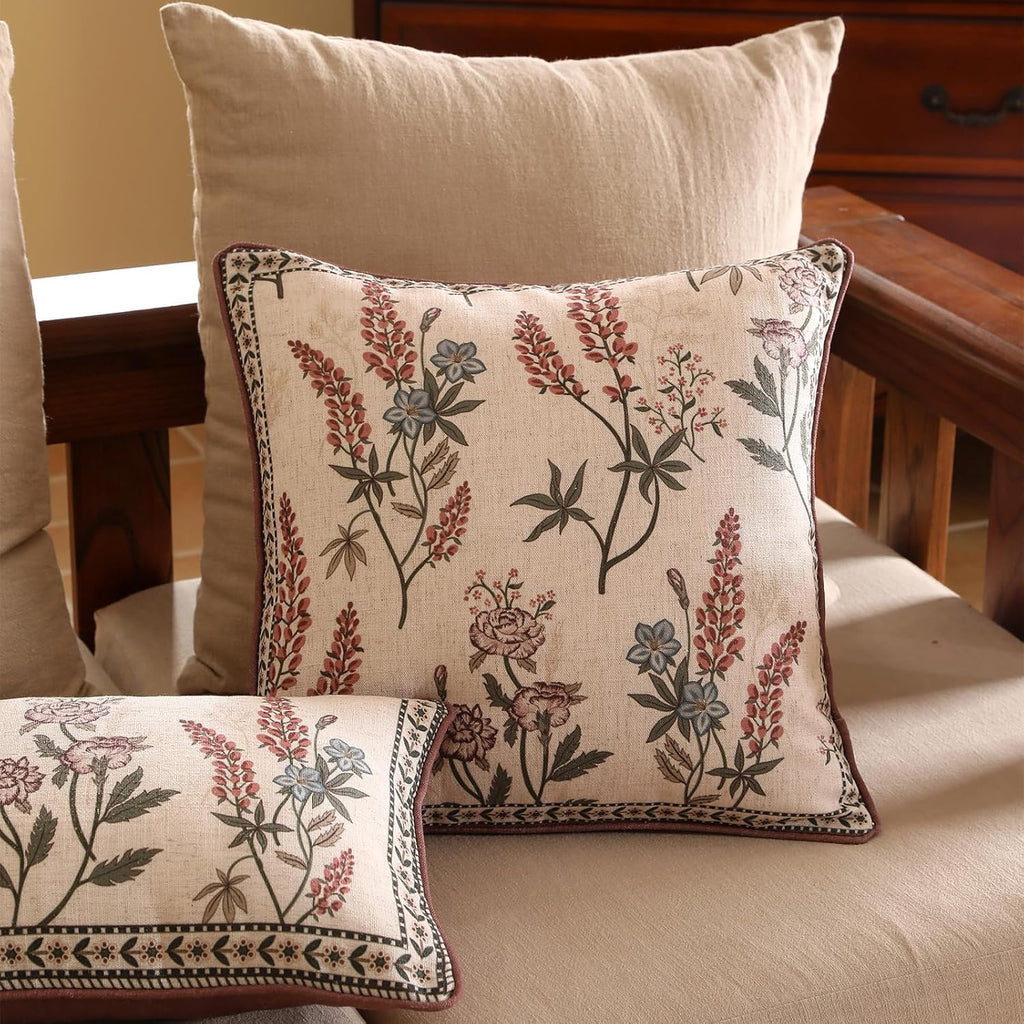 ISAENNE Design Linen Vintage Throw Pillow Covers 18"x18", Square Cushion Covers with Blue Pink Flowers Green Leaves Pattern Decoration Pillowcases for Bed,Living Room,Outdoor,Car