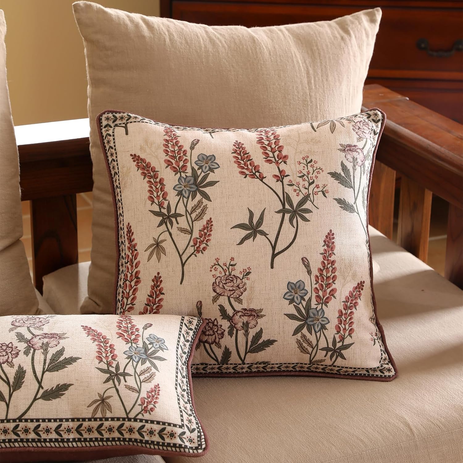 ISAENNE Design Linen Vintage Throw Pillow Covers 18"x18", Square Cushion Covers with Blue Pink Flowers Green Leaves Pattern Decoration Pillowcases for Bed,Living Room,Outdoor,Car