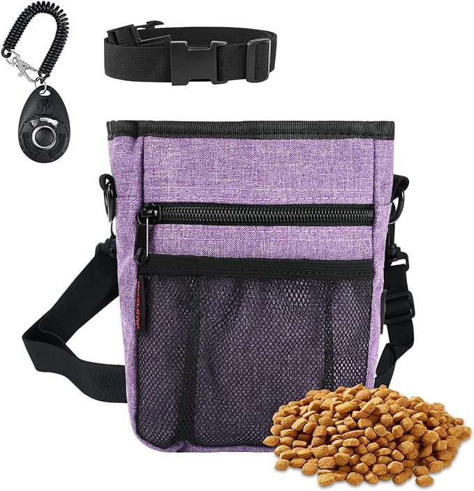 Dog Treat Pouches for Pet Training with Magnetic Closure Treat Pouches for Pet Training,Large Dog Treat Training Pouch and Dog Clicker,Training Treat Pouch Built-In Poop Bag Dispenser-Purple.
