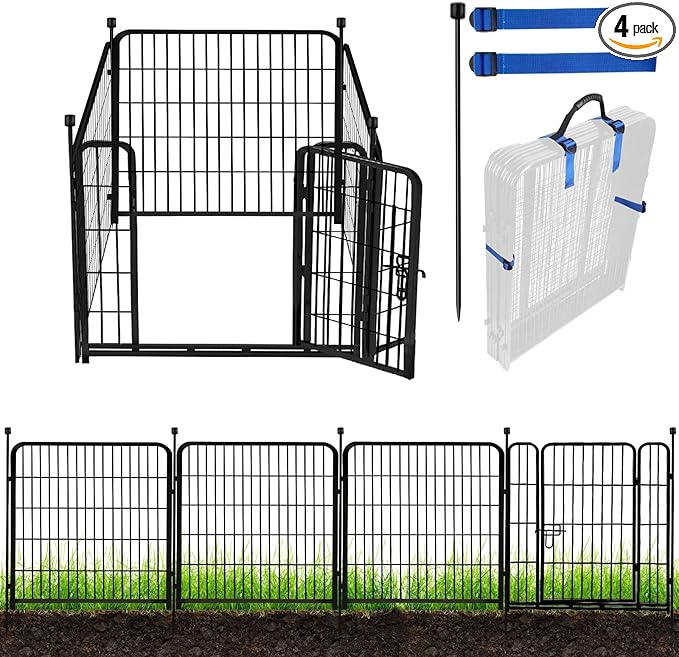 ADAVIN 32 in(H) Garden Fences and Borders,1 Gate+3 Panels Dog Fence Outdoor for Yard, Heavy Duty Iron Metal Animal Barrier Fence, Camping Fence, Flower Garden Fencing,Total 8.9 Ft(L), Black