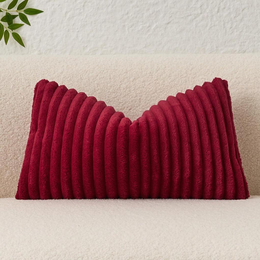 Kevin Textile Soft Plush 12x20 Inch Lumbar Pillow Cover 1 Pack, Christmas Luxury Fluffy Faux Fur Striped Flannel Rectangle Cushion Case for Couch Sofa Chair Bed Home Decor, Burgundy