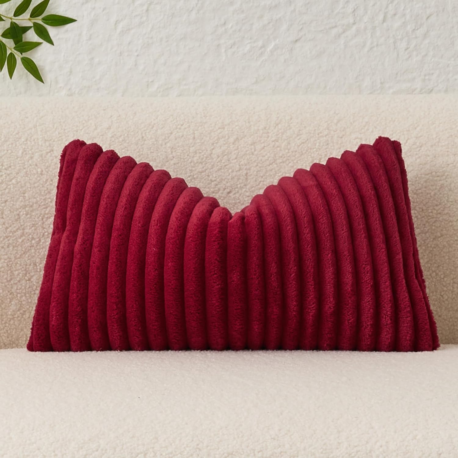 Kevin Textile Soft Plush 14x24 Inch Lumbar Pillow Cover 1 Pack, Christmas Luxury Fluffy Faux Fur Striped Flannel Rectangle Cushion Case for Couch Sofa Chair Bed Home Decor, Burgundy
