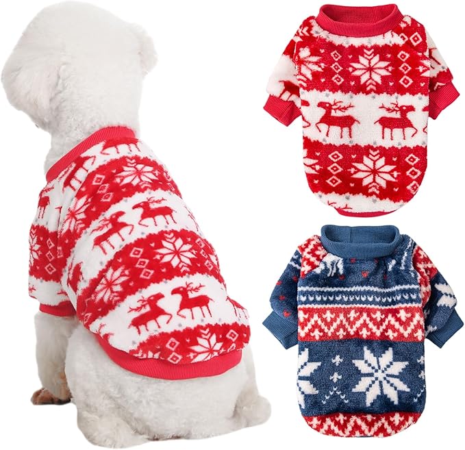 Dog Sweater, 2 Pack Dog Sweaters for Small Dogs, Dog Clothes for Small Dogs Girl Boy, Ultra Soft and Warm Puppy Sweater Dog Coat for Winter Christmas (Medium, Xmas Red+Xmas Blue)