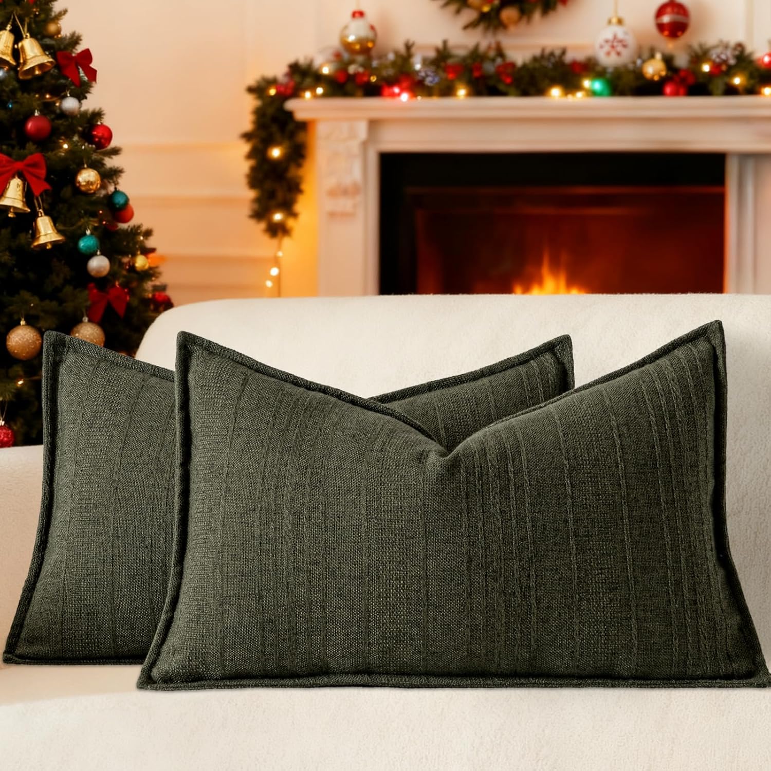 a moment Christmas Linen Pillow Covers Set of 2,Boho Farmhouse Throw Pillowcases Neutral Textured Decorative Covers for Couch Sofa,Soft Linen Blend Accent Case Cushion Home Decor 20"x12"Dark Green