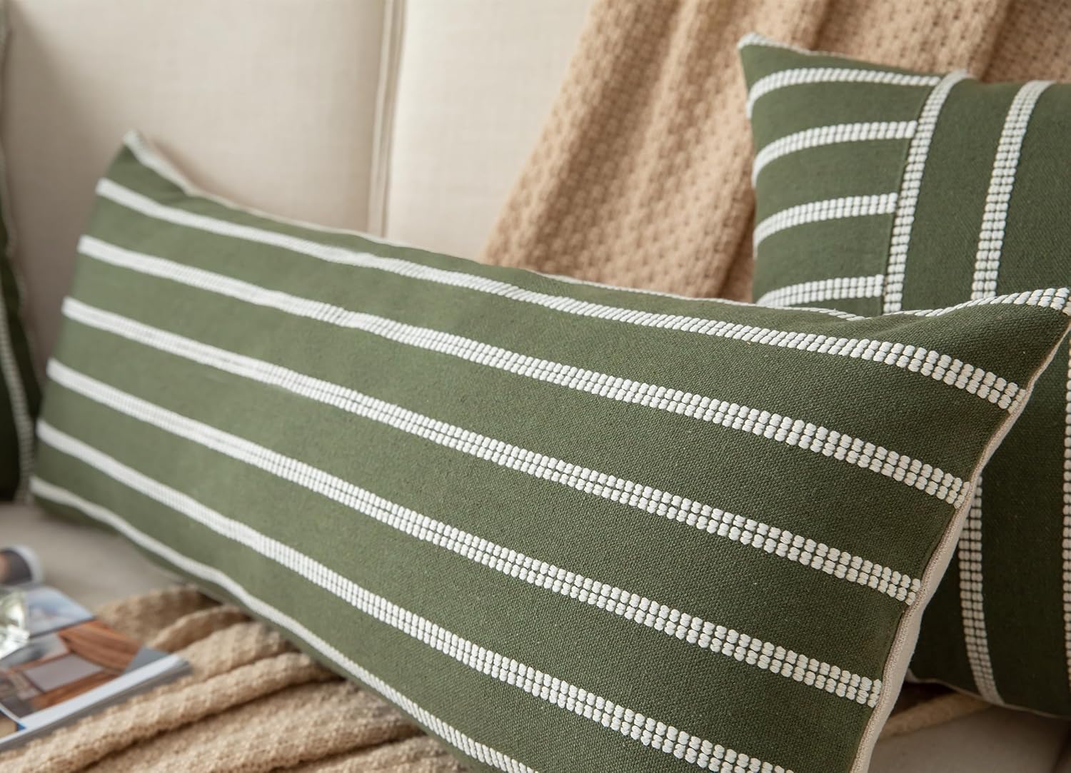 Caflife Boho Lumbar Throw Pillow Cover 14X36 Long Soft Farmhouse Decorative Couch Pillow Cases Green Striped Body Pillow Covers Neutral Cushion Covers for Sofa Bed Living Room Home Decor Pack of 1
