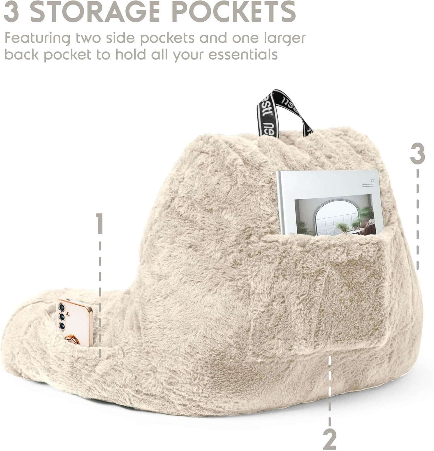 Nestl Fur Reading Pillow, Stylish Back Pillow for Bed Sitting Up, Faux Fur Bed Chair Pillow with Arms, Reading Pillows for Sitting in Bed Adult & Kids, Sit Up Back Support Pillow for Bed Rest - Linen