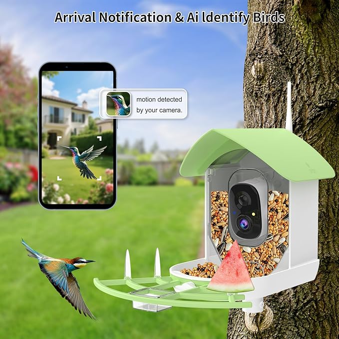 Bird Feeder with Camera,Smart AI Birds Breed Recognition,Birds Motion Detection with Real-Time Notice,Auto Capture Bird Watching WiFi Camera,Solar-Powered Outdoor Charging Bird House,Ideal Gifts,Green