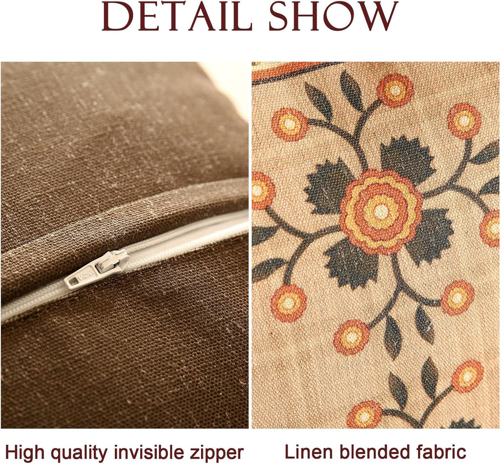Brown Throw Pillow Covers Set of 2,Floral Farmhouse Linen Accent Pillows Cover for Couch Throw Pillows Case,Decorative Square Pillows for Couch Sofa Bed Chair Cushion Covers 18"x18"