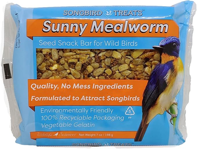 Songbird Treats Seed Bars | 12 Pack of 7 oz Bird Seed Cakes for Wild Birds (Sunny Mealworm)