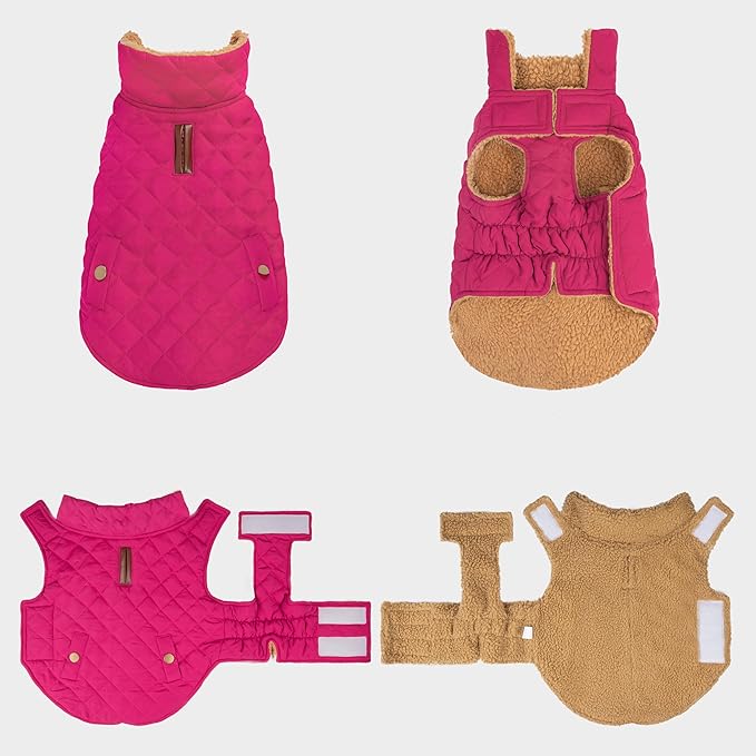 azuza Dog Jacket for Medium Dogs Waterproof & Windproof Dog Coat for Small Dogs with Thick Fleece, High Collar with Leash Hole, Adjustable Velcro & Elastic Belly, Rose Red 2XL