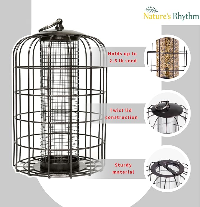 Nature's Rhythm Outdoor Hanging Bird Feeder Cage Mesh Tube Squirrel Proof Wild Bird Feeder with Large Metal Seed Guard Deterrent Green