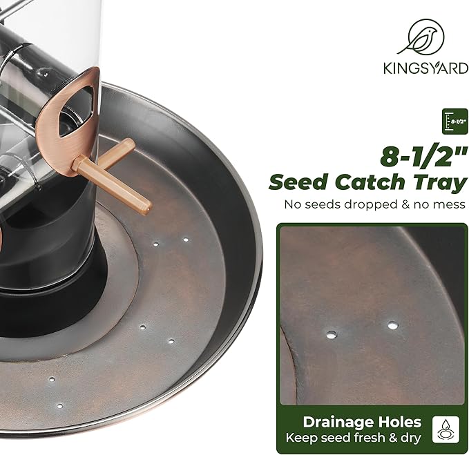Kingsyard Metal Bird Feeders for Outdoors Hanging, Wild Bird Feeder for Finch Cardinal, Large Tray and Rainproof Dome, 2 lbs Seeds Capacity (Antique Copper)