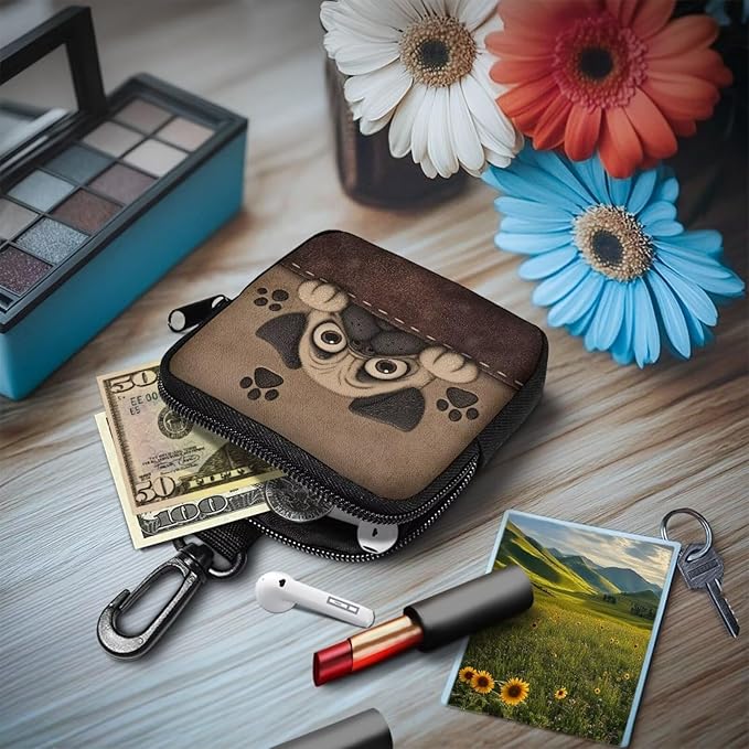 KEIAHUAN Pug Dog Treat Bags Training Pouch Small Dog Treat Pouch for Pet Walking and Training Reusable Pet Treat Container with Clasp for Traveling or Outdoor, Coin Pouch Small, Brown