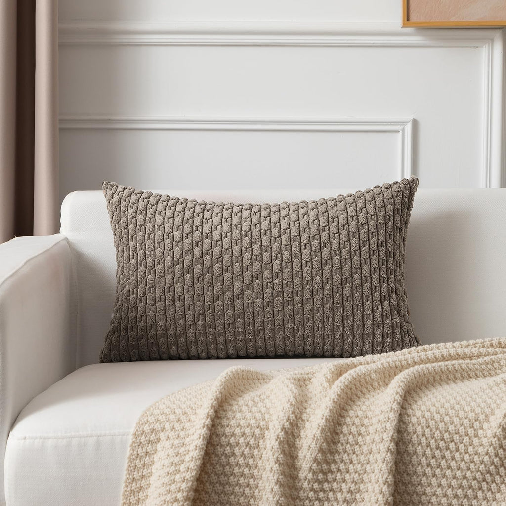 Kevin Textile 12x24 Inch Pillow Cover 1 Pack Boho Decorative Soft Striped Corduroy Lumbar Farmhouse Color Accent Rectangle Cushion Case for Living Room Couch Sofa Bed, Light Brown