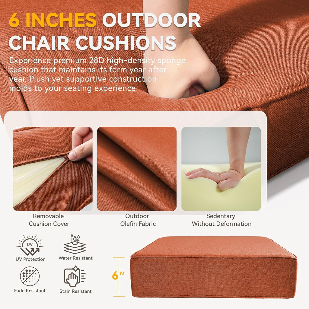 Outdoor Cushion Set for Furniture Patio Furniture, UV Resistant, Water Resistant - 6 Inch Thick Foam Garden Cushions – 22x24 Inch Patio Seat Covers for Chair/Sofa/Couch | Orange | 8-Pack |
