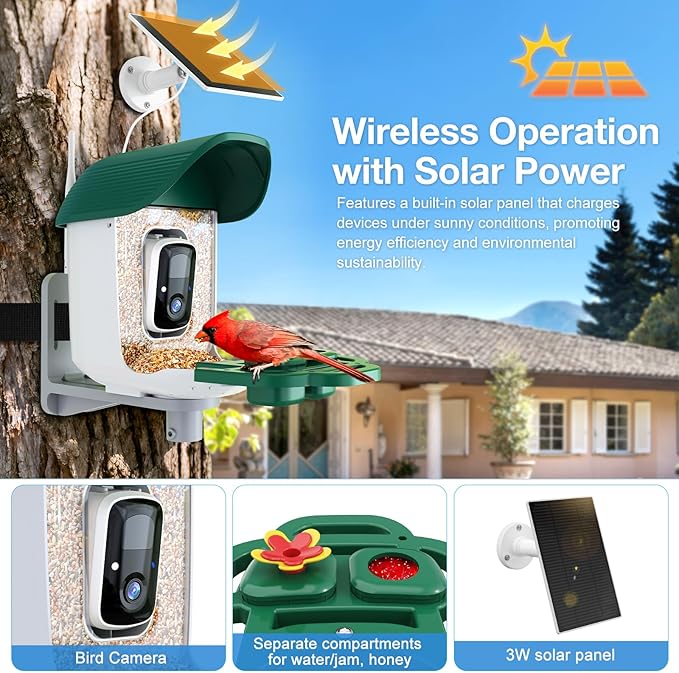Smart Bird Feeder with 3MP HD Camera & AI Identify, Hummingbird Feeder with Solar Panel, Supports Two-Way Audio, Instant Arrival Alerts, Birdhouses for Outdoors, Gifts for Bird Lovers, Green