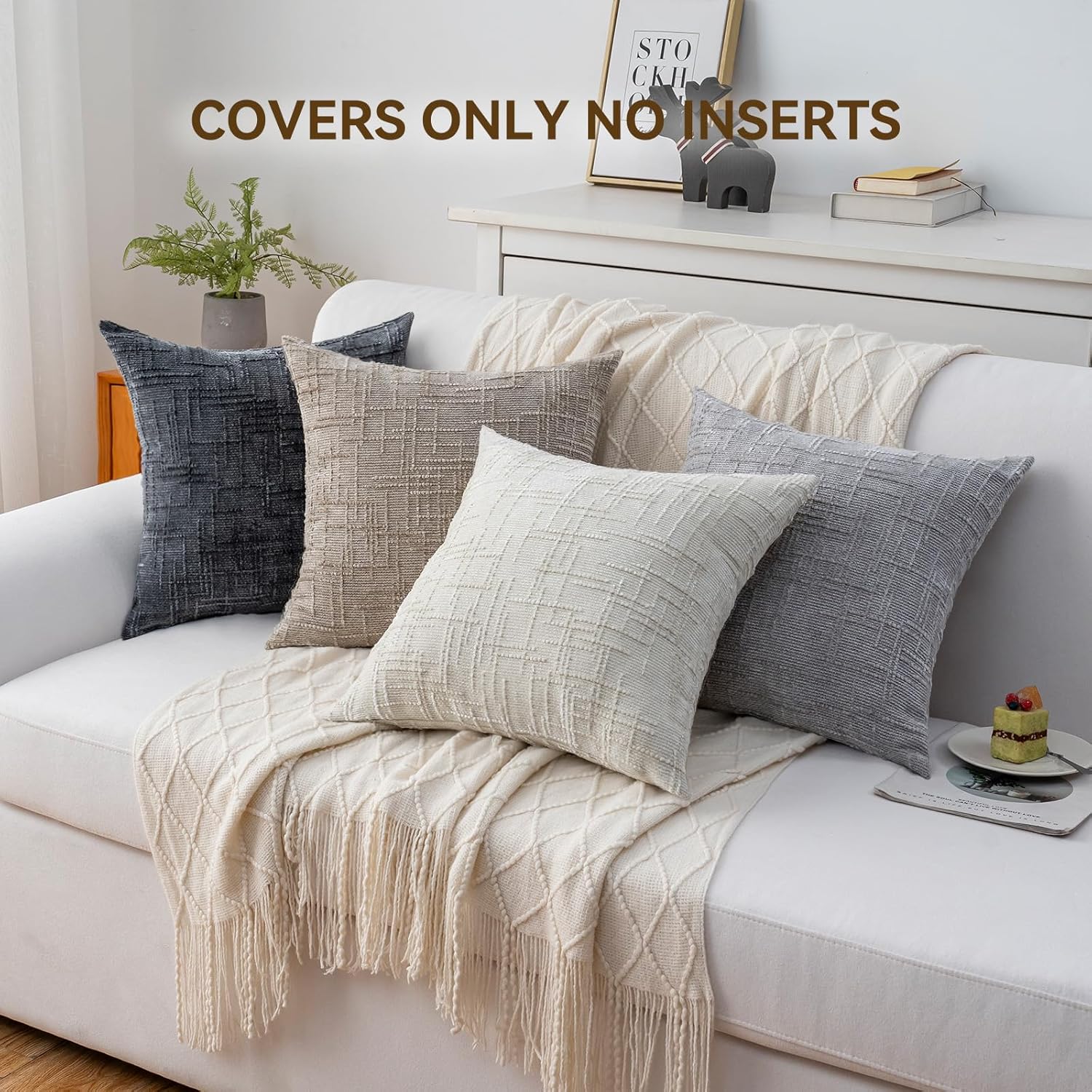 Decorative Throw Pillow Covers 20x20 Inch Set of 4, Soft Solid Farmhouse Chenille Couch Pillows, Spring Pillow Covers for Couch Sofa Bed Living Room Home Decor Pillowcase, Light Colors