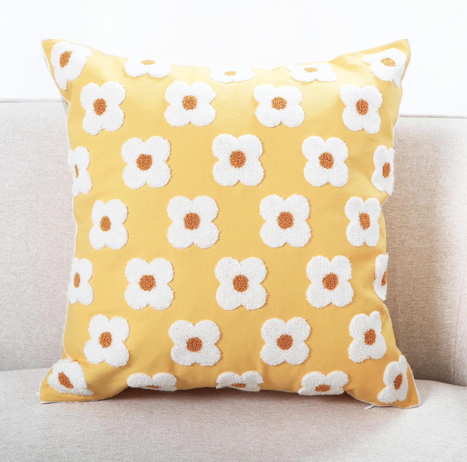 DECOBIRD Embroidery Throw Pillow Cover 20x20 Yellow Floral Design Home Decor Loop Embroidered Pillow Case Thick Cotton Canvas Square Cushion Cover for Couch 50x50cm, 4 Petal Flowers 1 Piece