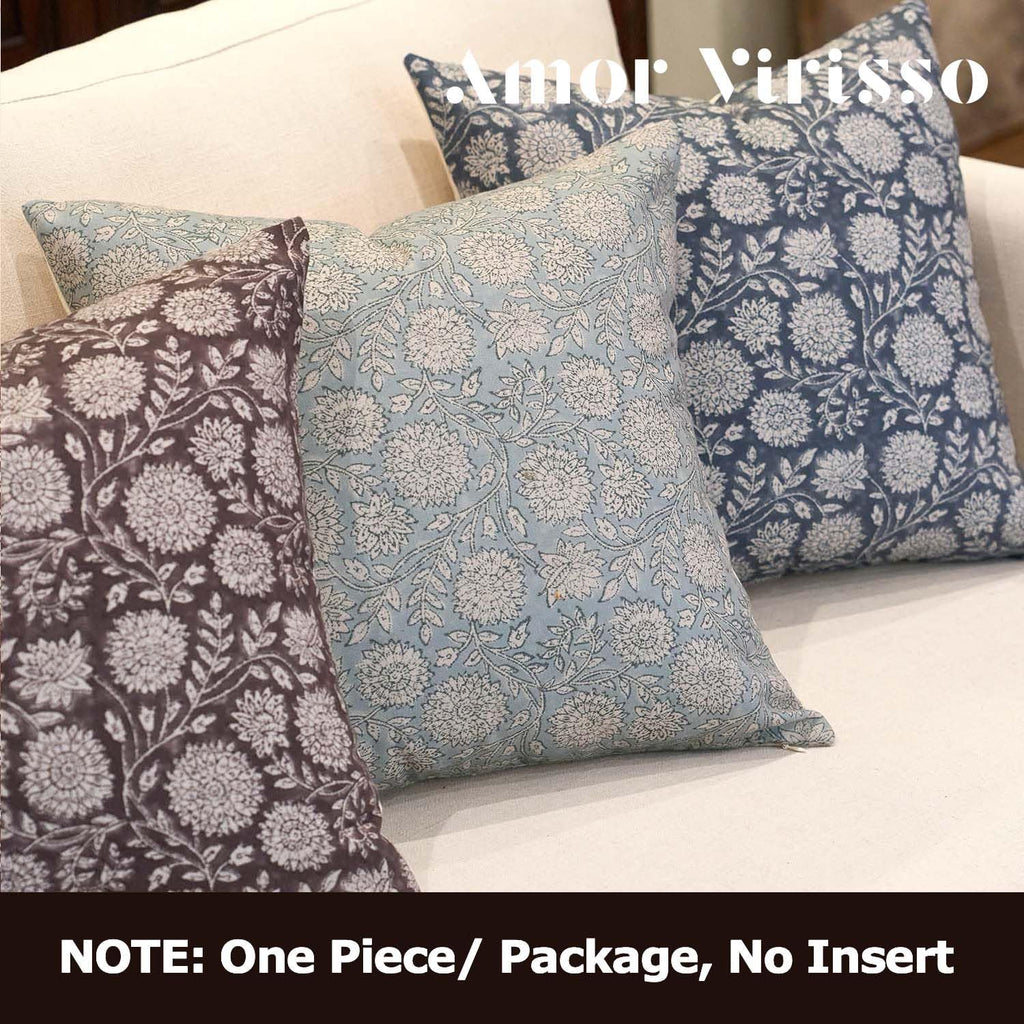 Amor Virisso Floral Throw Pillow Covers 20x20 Block Print Pillow Covers Vintage Neutral Couch Pillows for Living Room Farmhouse Decorative Accent Sofa Pillows, Light Blue