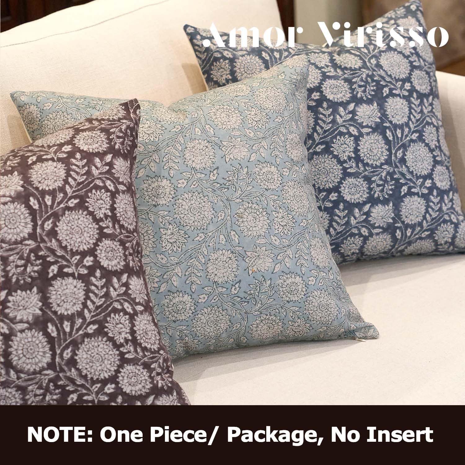 Amor Virisso Floral Throw Pillow Covers 20x20 Block Print Pillow Covers Vintage Neutral Couch Pillows for Living Room Farmhouse Decorative Accent Sofa Pillows, Light Blue