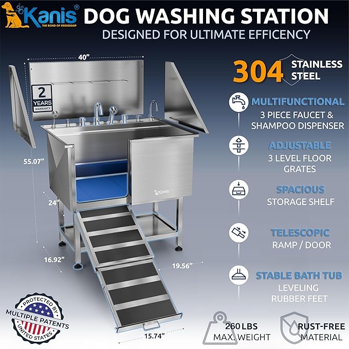KANIS Professional Dog Washing Station - 304 Stainless Steel Pet Wash Sink & Grooming Bathtub w/Shower, Floor Grates and Storage for Large, Medium & Small Pets (40", Shelf - Left Ramp)