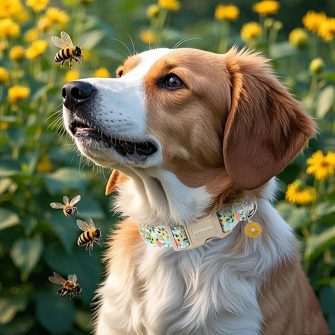 DOGWONG Flower Cotton Dog Collar, Spring Summer Cute Yellow Dog Collar Durable Soft Fabric Pet Dog Collars Female Girl Necklace for Small Medium Large Dogs