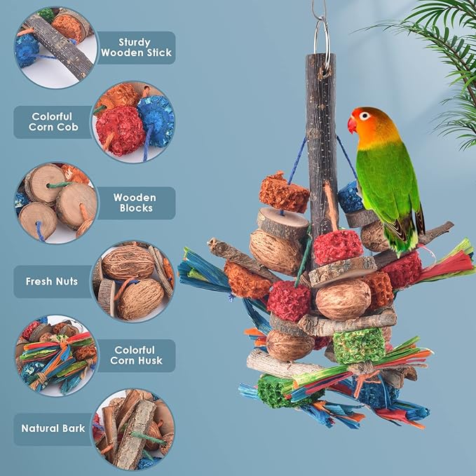 Bissap Bird Chew Toys, Natural Bark Corncob Nuts Parrot Toys and Treats for Conure Cockatoo Parakeet Budgies Cockatiel Lovebirds Pets Cage Bite Toy