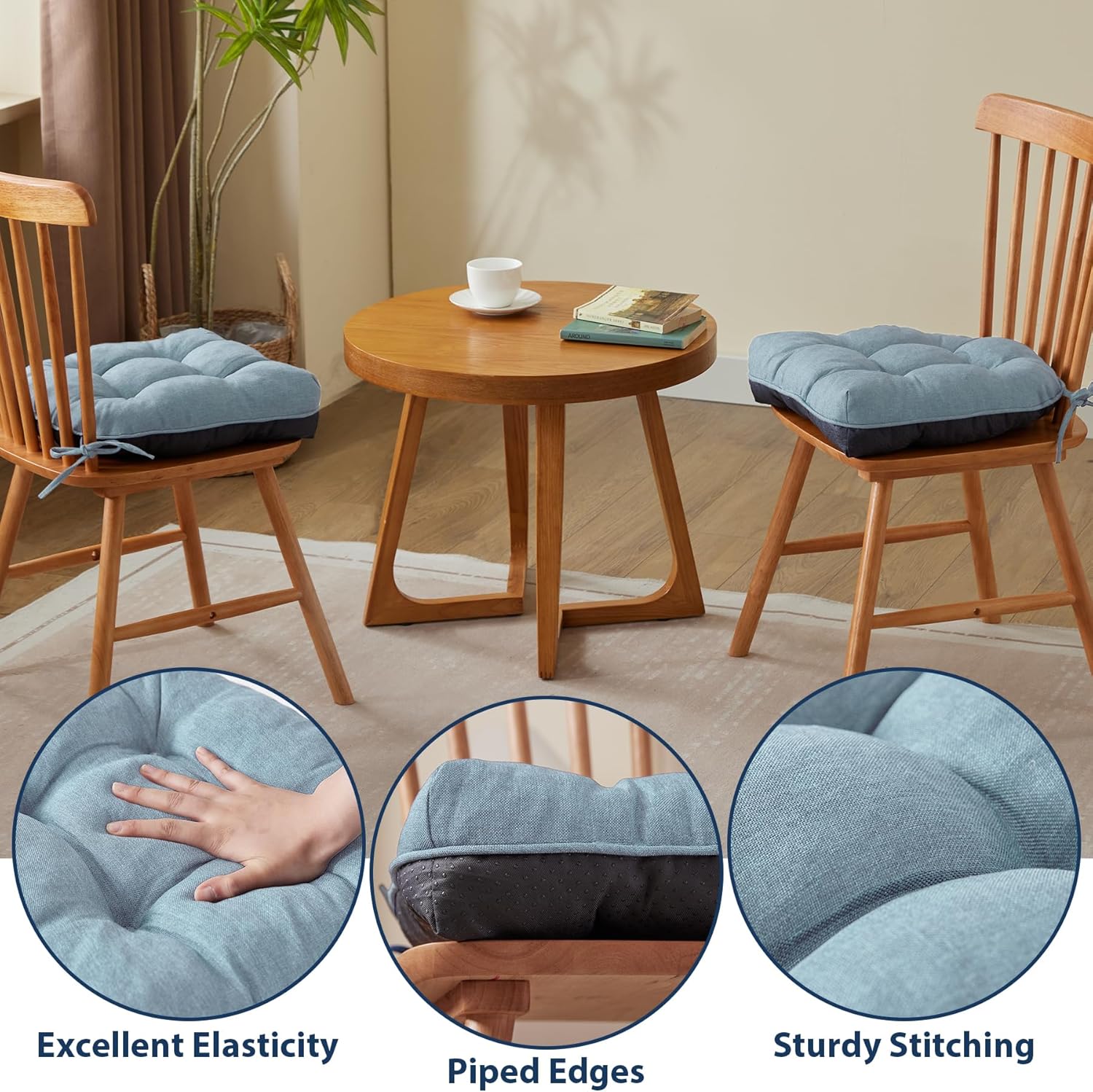 Chair Cushions for Dining Chairs, Seat Cushions for Kitchen Chairs, Indoor Seat Cushions with Ties, Tufted Foam Chair Pads, Non Slip Chair Cushions Set of 6, 15.5" x 15.5" x 4", Light Blue