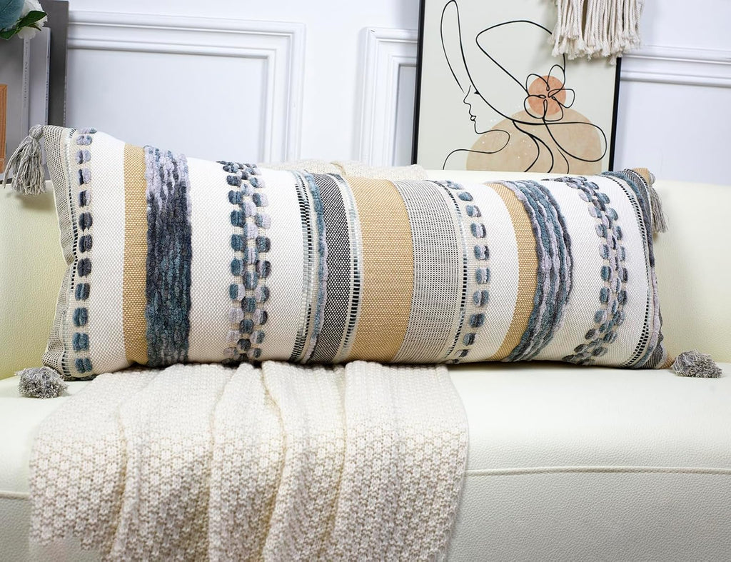 PANOD Boho Long Lumbar Throw Pillow Cover 14 x 36 Light Grey, Chenille Morocan Extra Long Pillow Case Cover, Decorative Long Pillow for Bed Couch Sofa Farmhouse