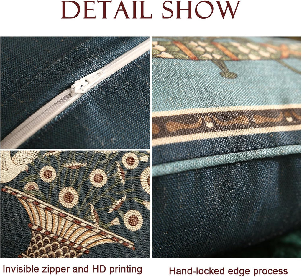 Green Throw Pillow Covers,French Farmhouse with White Birds and Flowers Pattern Linen Pillowcases,Decorative Square Pillows Cushion Covers for Couch Sofa Bed Chair,18x18 Inches