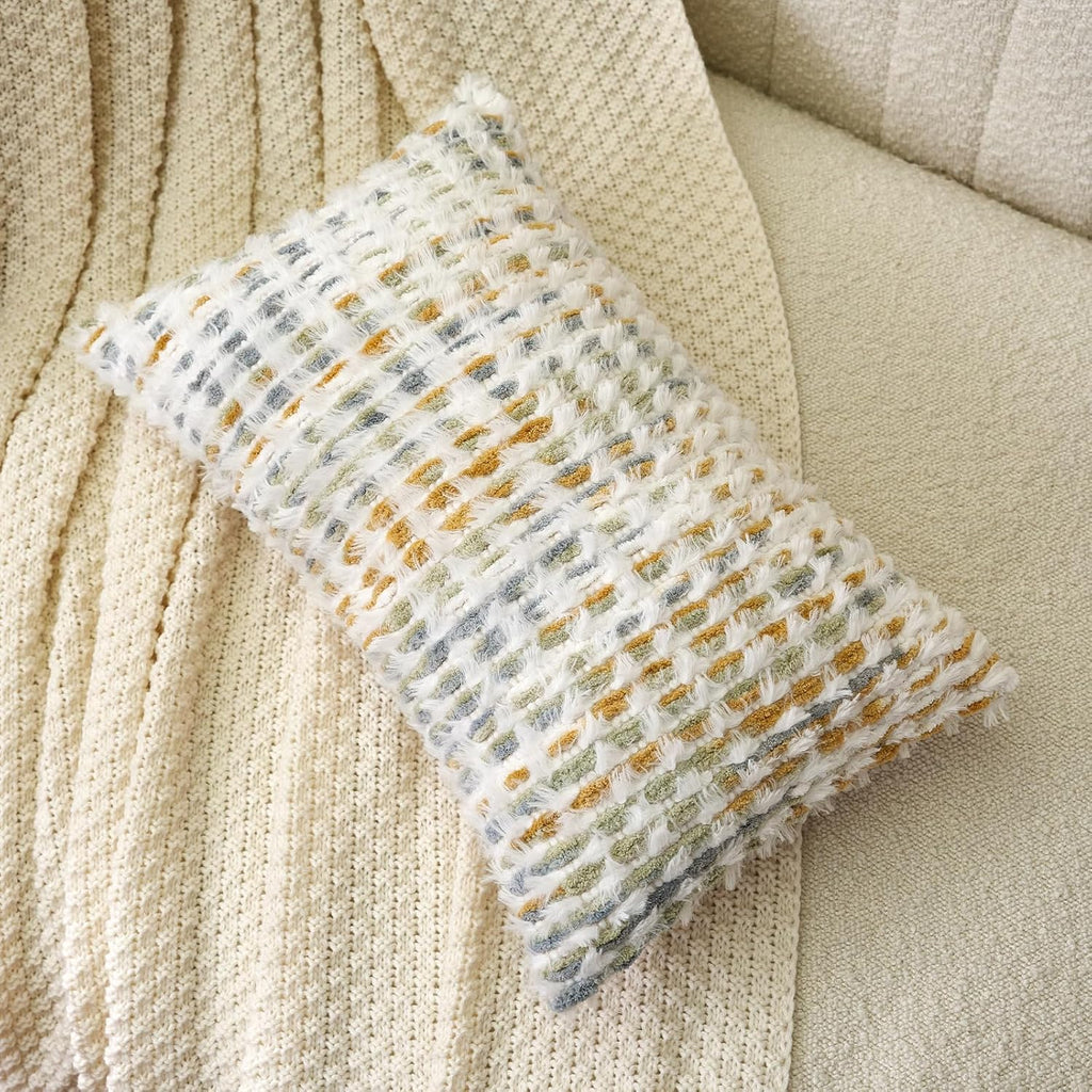 Aeckself Boho Chenille Tufted Pillow Cover 12 x 20 Inch, Rectangle Decorative Lumbar Throw Pillow Cover Neutral Pillowcase for Couch Bedroom Living Room, Yellow White