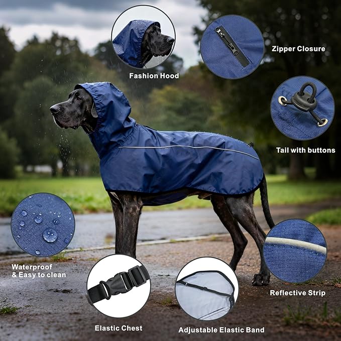 Mosucoirl Dog Raincoat Jacket Reflective Adjustable Hooded Pet Poncho Rain Coats with Leash Hole Waterproof Clothes for Small Medium Large Dogs (NavyBlue, XXL)