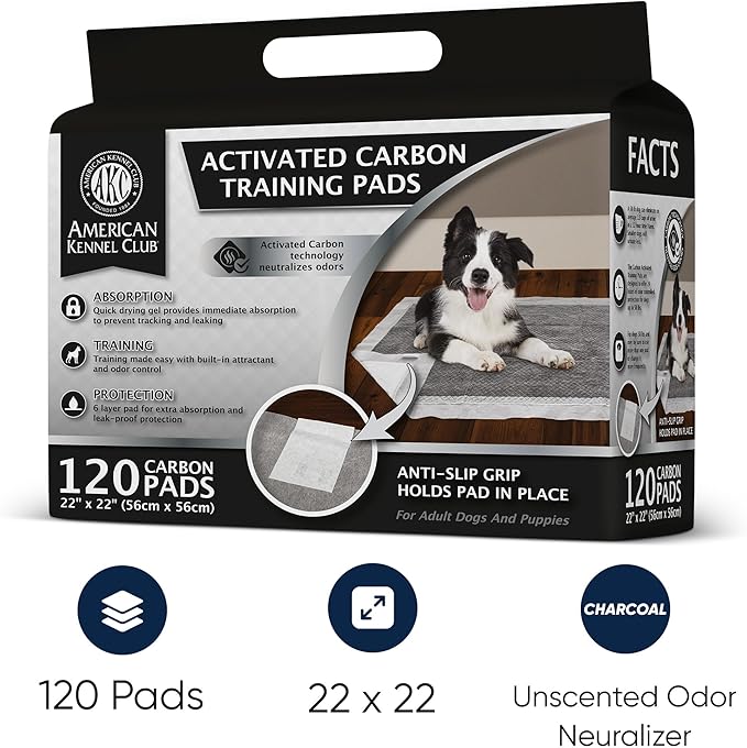 American Kennel Club Charcoal Puppy Training Pads, with Anti-Slip Adhesive Backing, Quick Dry Gel and Activated Carbon Odor Control (Charcoal, 22 x 22 - 120 Count)