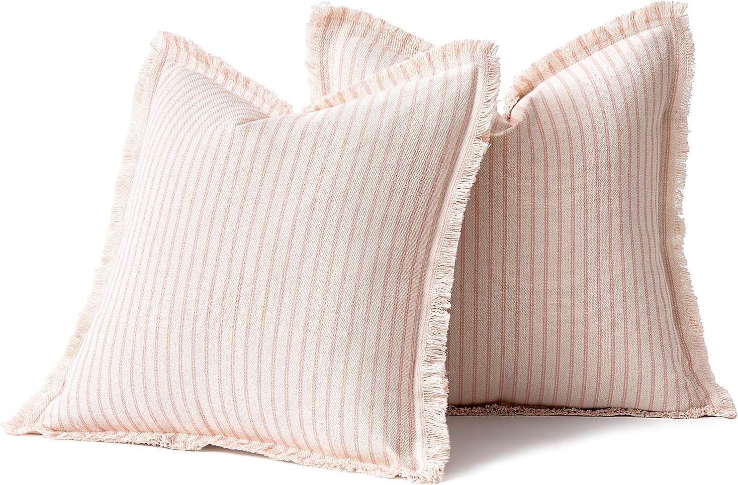 MIULEE Pack of 2 Pink Pillow Covers 24x24 Inch Striped Farmhouse Couch Throw Pillow Covers with Fringe Chic Cotton Decorative Cushion Eruo Sham for Sofa Living Room Bed Outdoor Home Decor