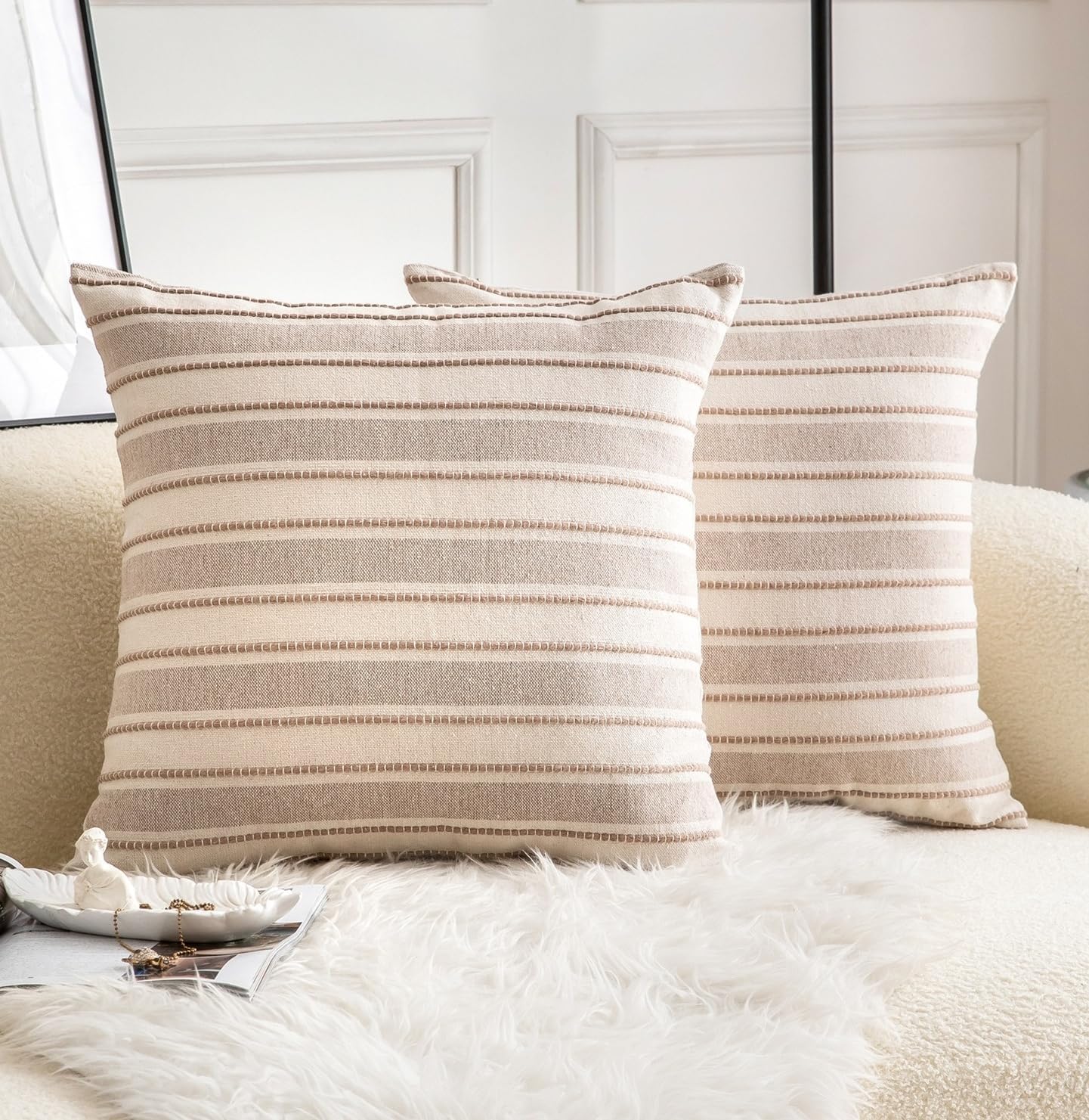 Decorative Boho Throw Pillow Covers, Farmhouse Textured Pillow Case, 22 x 22 Inch Set of 2, Chair Sofa Bedroom Living Room Home Decor Couch Cushion Case, Taupe and Beige Striped