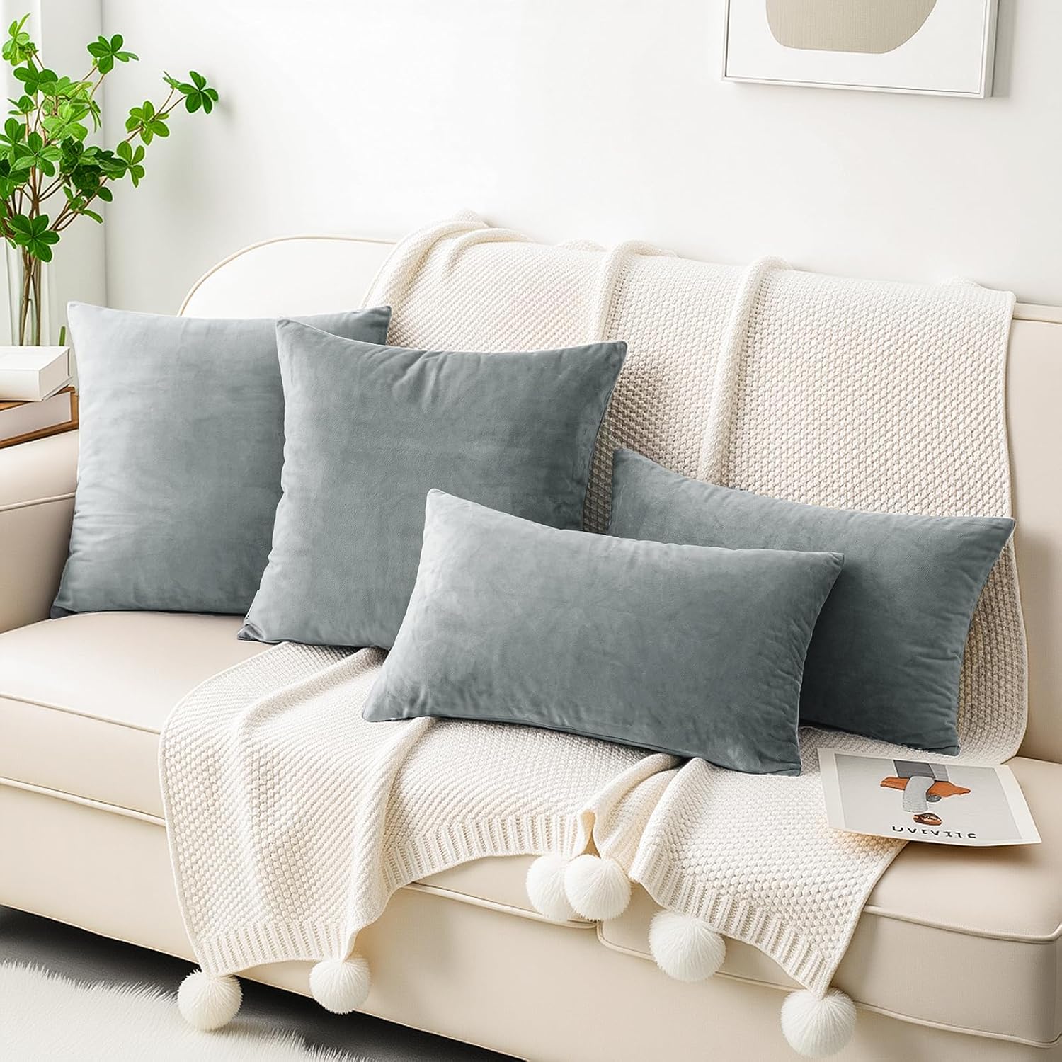 HWY 50 Gray Grey Velvet Throw Pillow Covers 16x16 Inch, Pack of 2 Soft Cozy Solid Decorative Luxury Cushion Cases for Couch Sofa Bed Living Room Bedroom