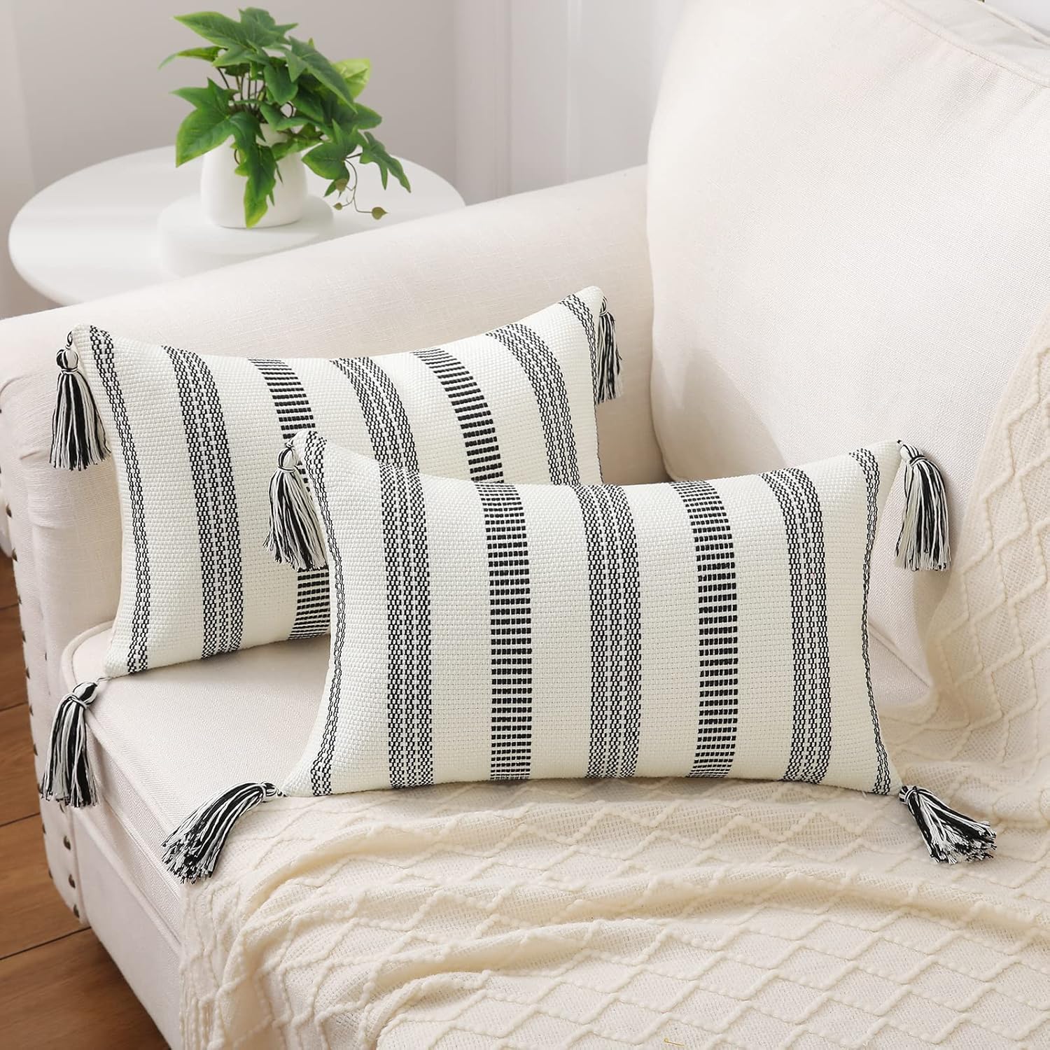 Smile Bee Boho Outdoor Couch Throw Pillow Covers Set of 2, Decorative Lumbar Thick Woven Striped Accent Neutral Pillow Covers with Tassels for Bed Sofa Home Decor, 12x20 Inch, Black and Cream White