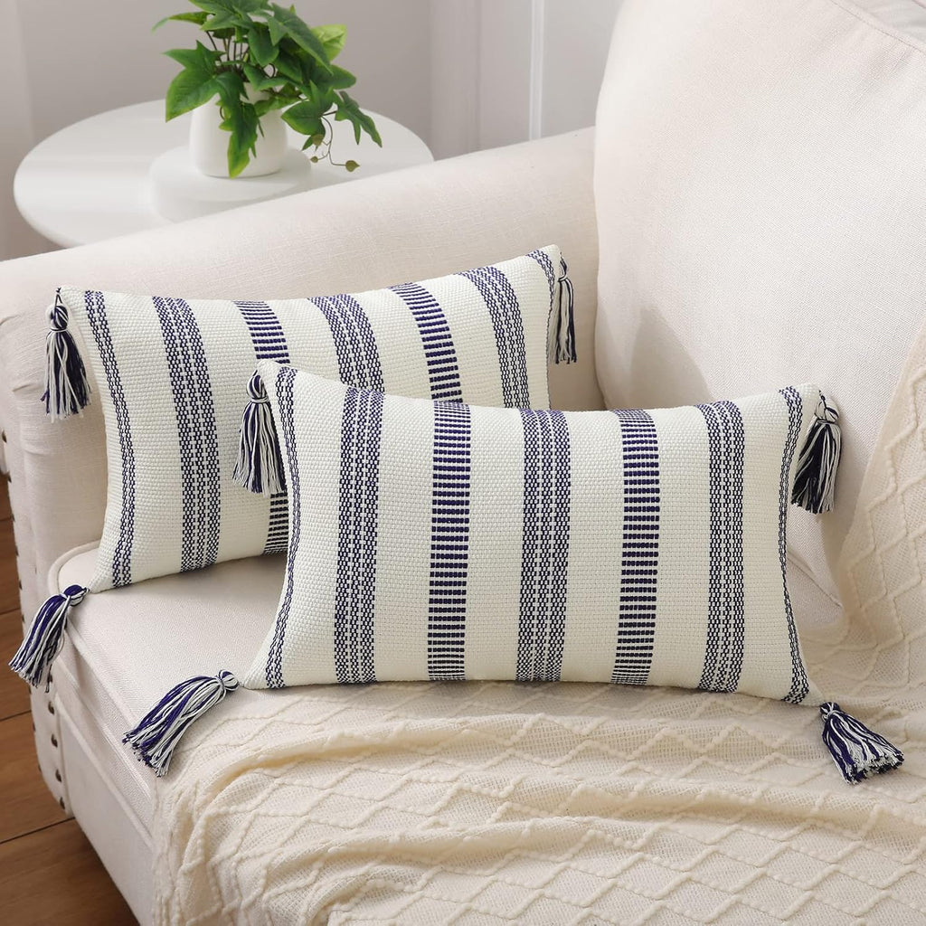 Smile Bee Boho Outdoor Couch Throw Pillow Covers Set of 2 Decorative Lumbar Thick Woven Striped Accent Neutral Pillow Covers with Tassels for Bed Sofa Home Decor 12x20 Inch, Navy Blue and Cream White